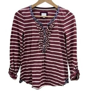 Anthropologie Mavis & Co Striped Ruffle Henley Top Sm Burgundy Shirt Cute Casual